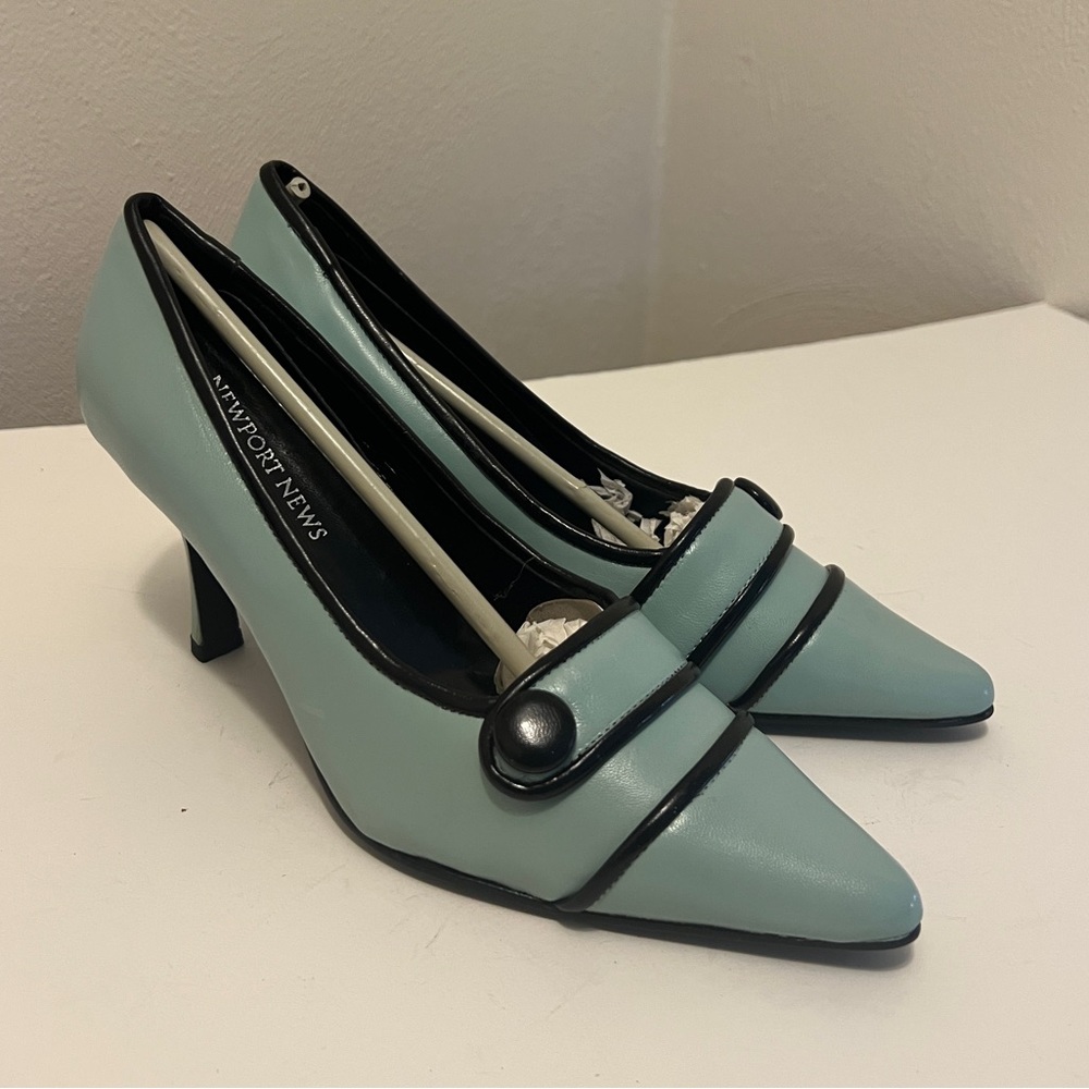 Newport News Blue Leather Heels | Size 7 | 3 Inch Pumps with Black Button Accent